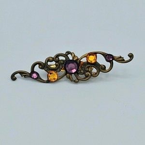 Bar Pin Brooch Vintage Scroll Jeweled Brasstone Purple Bronze Jewelry